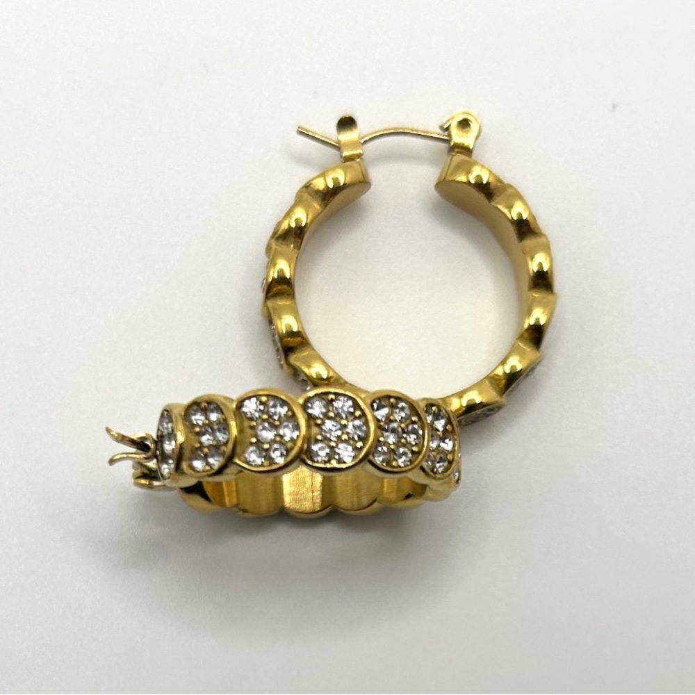 Nickel Free Cubic Zirconia CZ Rhinestone Hoop Textured Earrings 18k Gold Plated